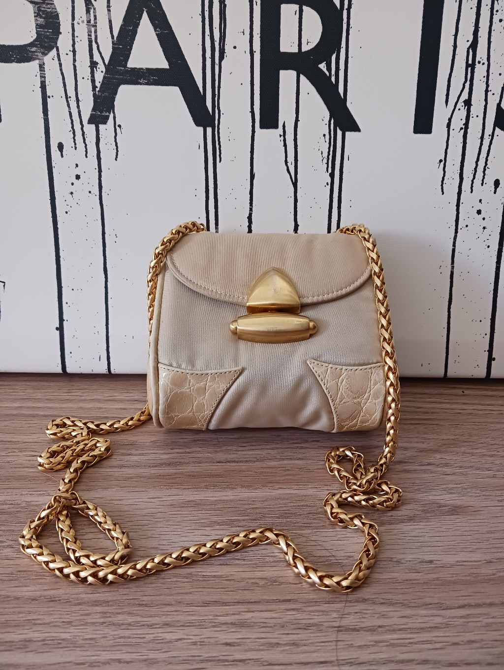 Mcm Beige Nylon With Patent Leather Calfskin Miniature Evening, Shouldrr Bag